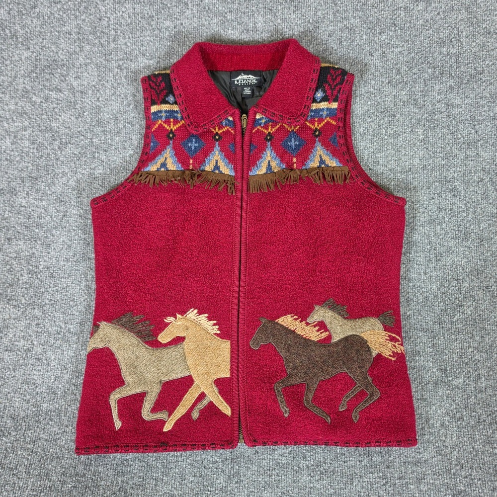 Icelandic Design Women Red Wool Horse Embroidered Zip Vest Western Fringe Small